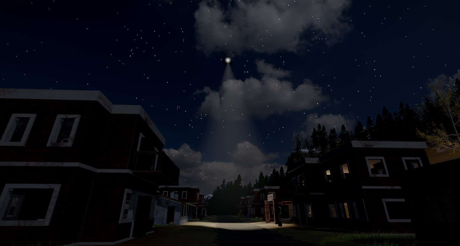 Night in Kamenka, seen from the street: a helicopter 50 m up, its searchlight a bright star under the nose, a pale shaft of light falling from it to a pool of light on the road between the houses