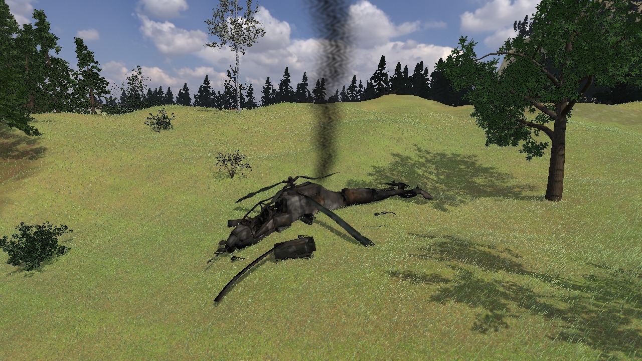 The wreck of a helicopter in a meadow under a column of black smoke