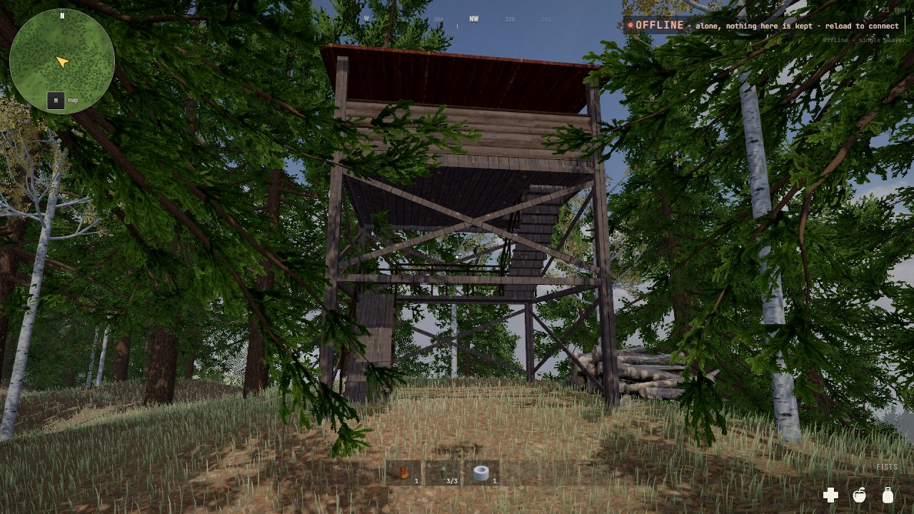 A wooden hunting tower on stilts in a pine wood