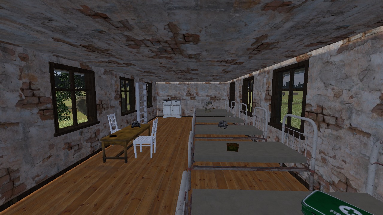 A long room of six beds with windows down both sides