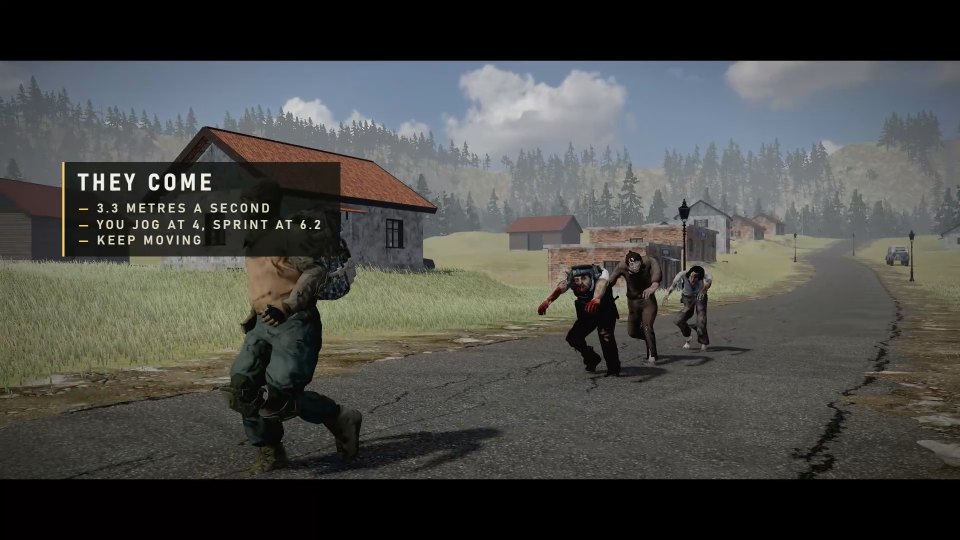Four infected run down a village road after a survivor in ZONA