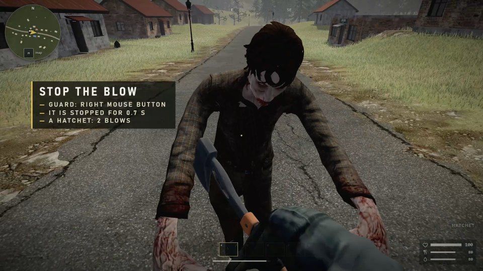 An infected lunges at the player on a village road in ZONA, a hatchet raised to block