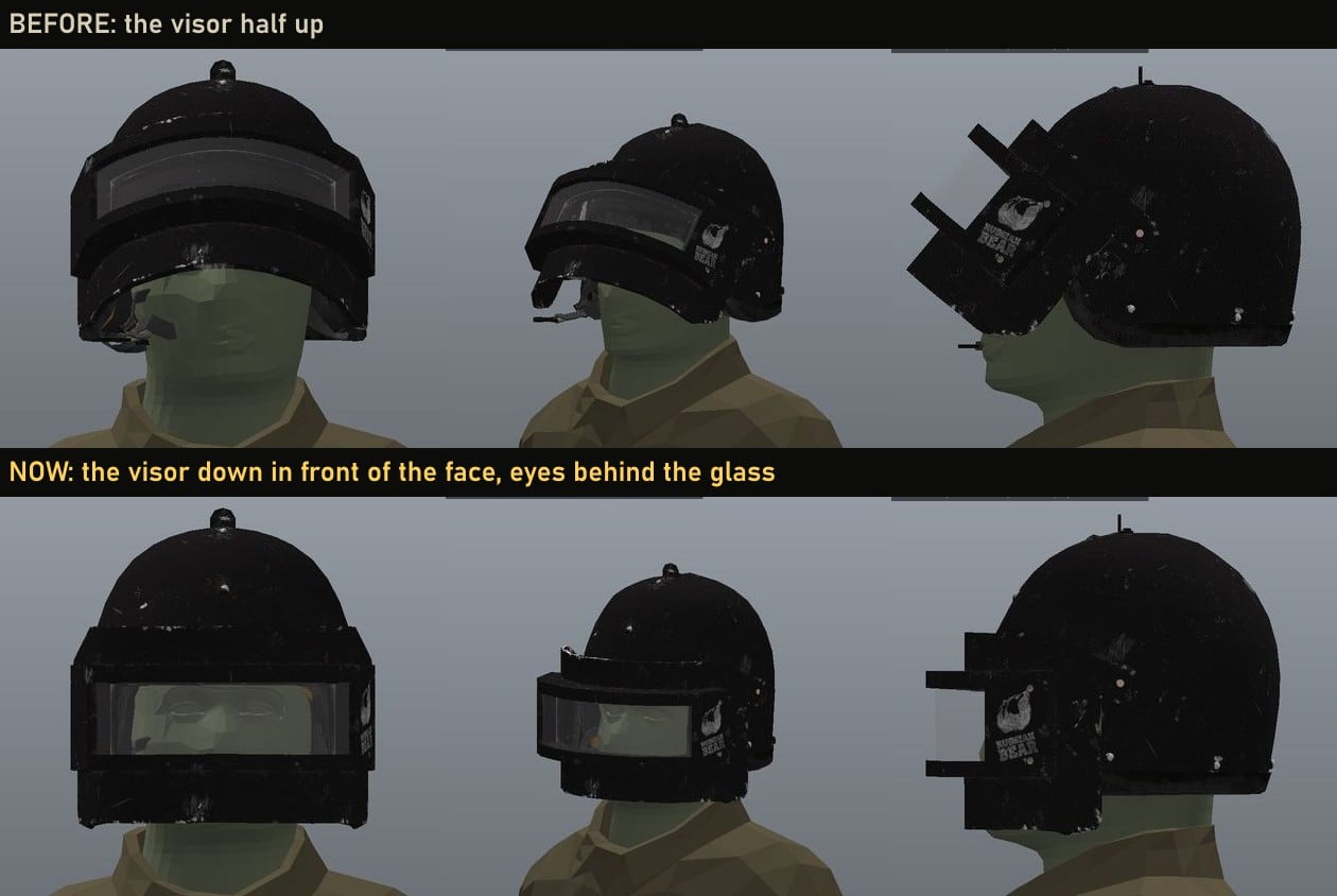 The K6-3 helmet from the front, the quarter and the side, twice. Above, as it was: the visor standing half up over the brow. Below, now: the visor down in front of the face, the eyes behind its glass