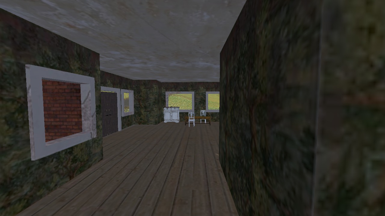 Inside a brick house: a boarded floor, windows, a table