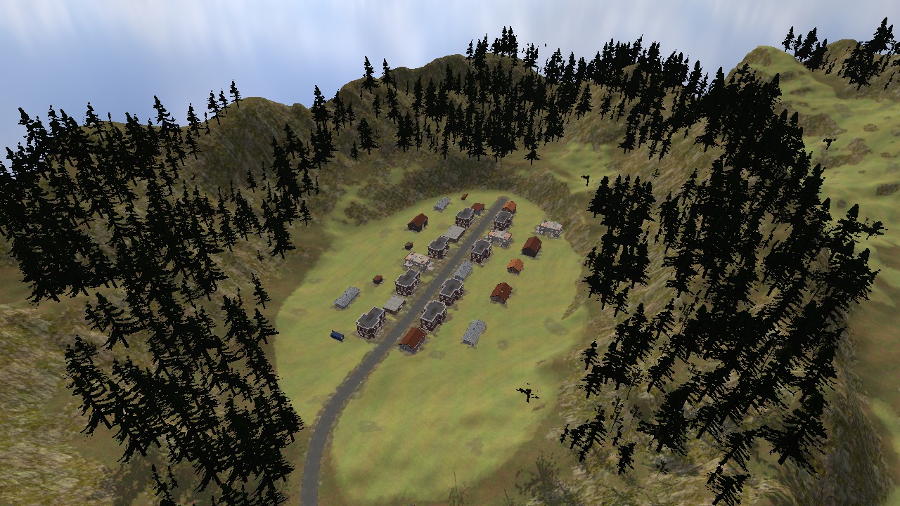 Kamenka from above: a street of houses on an oval floor with a wooded rim all round it
