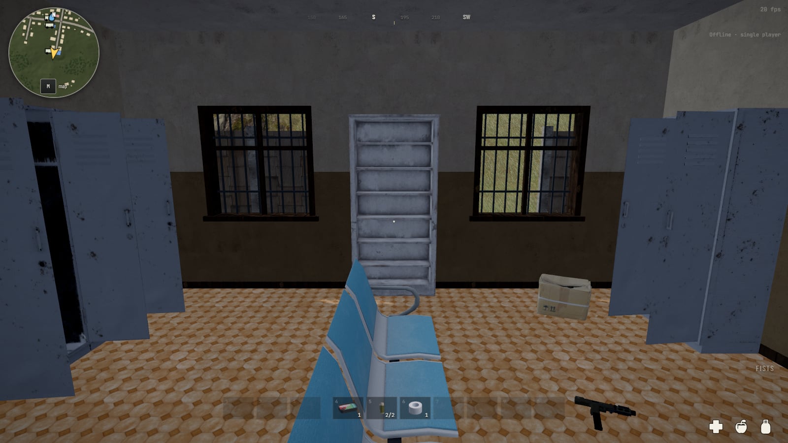 A room in the police headquarters: steel lockers along both walls with their doors swung wide, a row of blue seats down the middle, barred windows, a gun lying on the tiled floor