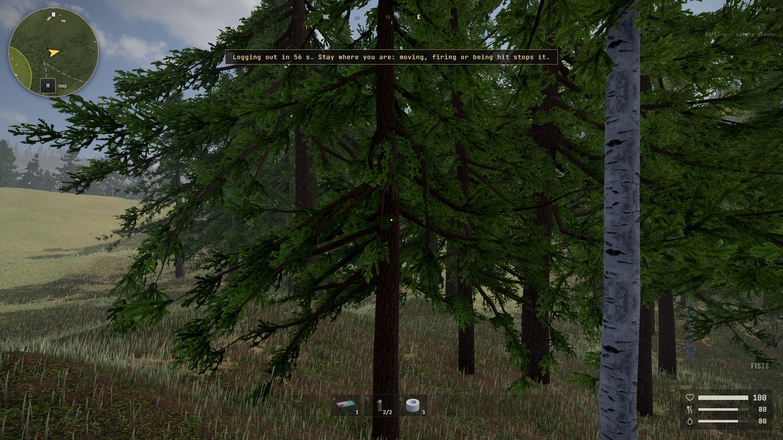 The game seen from the eyes, among pines, with a line across the top of the screen: Logging out in 56 seconds. Stay where you are: moving, firing or being hit stops it
