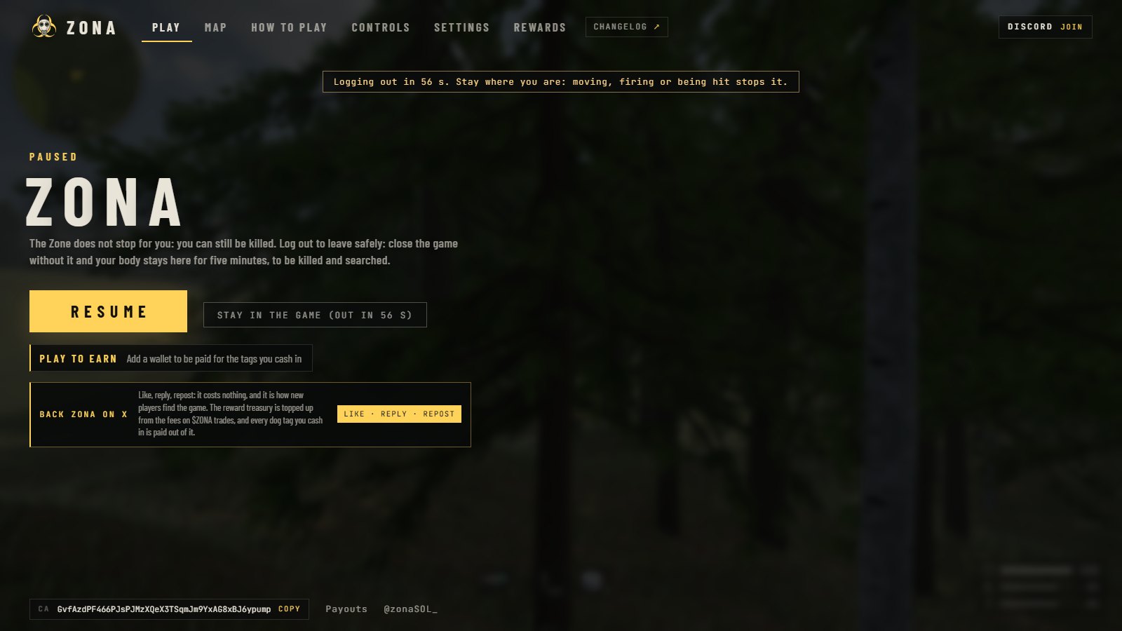 The pause screen. Under the word Paused it says the Zone does not stop for you, and that closing the game without logging out leaves your body for five minutes. Beside the Resume button is a second button, which says Stay in the game, out in 56 seconds. A line across the top says Logging out in 56 seconds, stay where you are