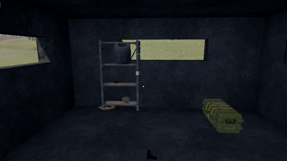 Inside a pillbox: a small steel rack with an armour vest, binoculars and a helmet on its boards, an army hard case along the side wall, and a pistol on the floor