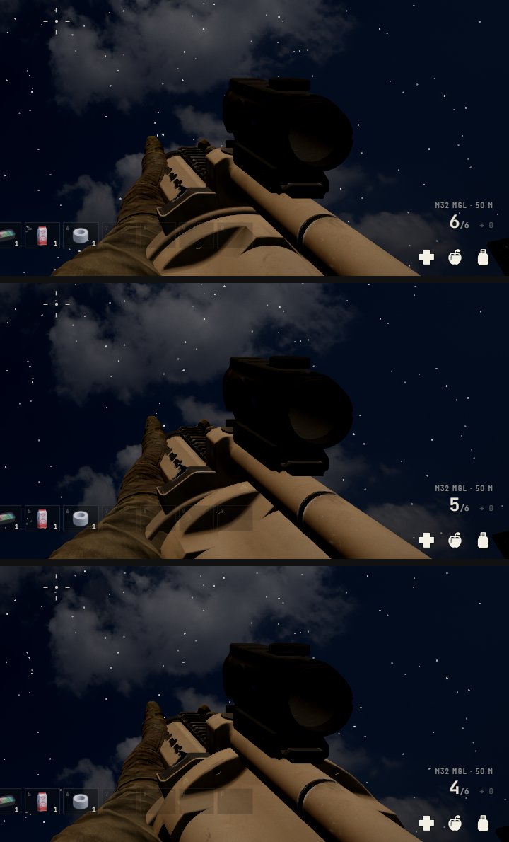 The M32 in first person three times: before firing, after one shot and after two, the flutes of its cylinder turned round a chamber each time