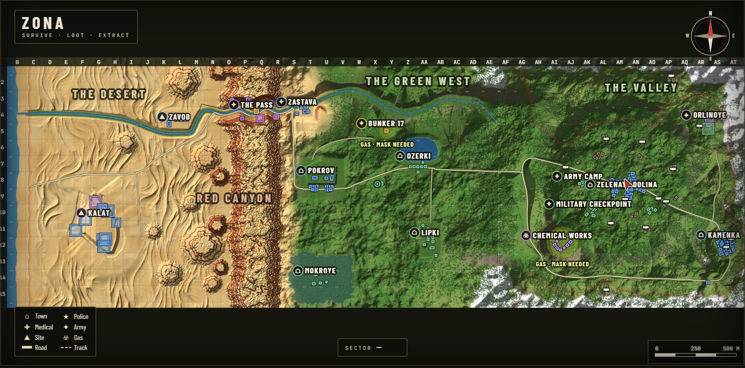 The new map (M) opened on the whole Zone: the desert with its dunes and the ruins of Kalat, the red canyon and its pass, the green west with Pokrov, Ozerki's lake, Lipki and the swamp, and the valley with the village, the Chemical Works, Kamenka and the fort; each place named with an icon, the regions named large, a ZONA title, a compass, a legend and a scale bar