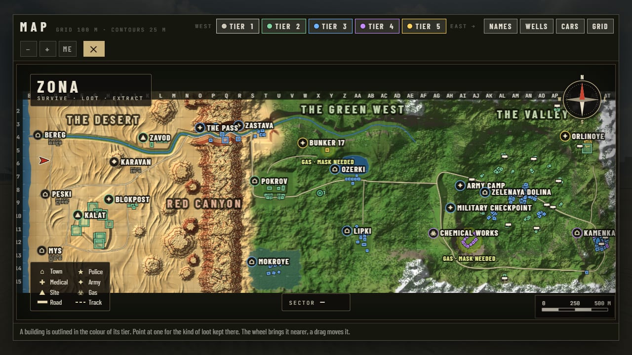 The in-game map, West and East either side of the five tier buttons, every place marked in the colour of its tier: the desert's places tier 1 in the west, Kamenka and the Chemical Works tier 4 and Bunker 17 and Orlinoye tier 5 in the east