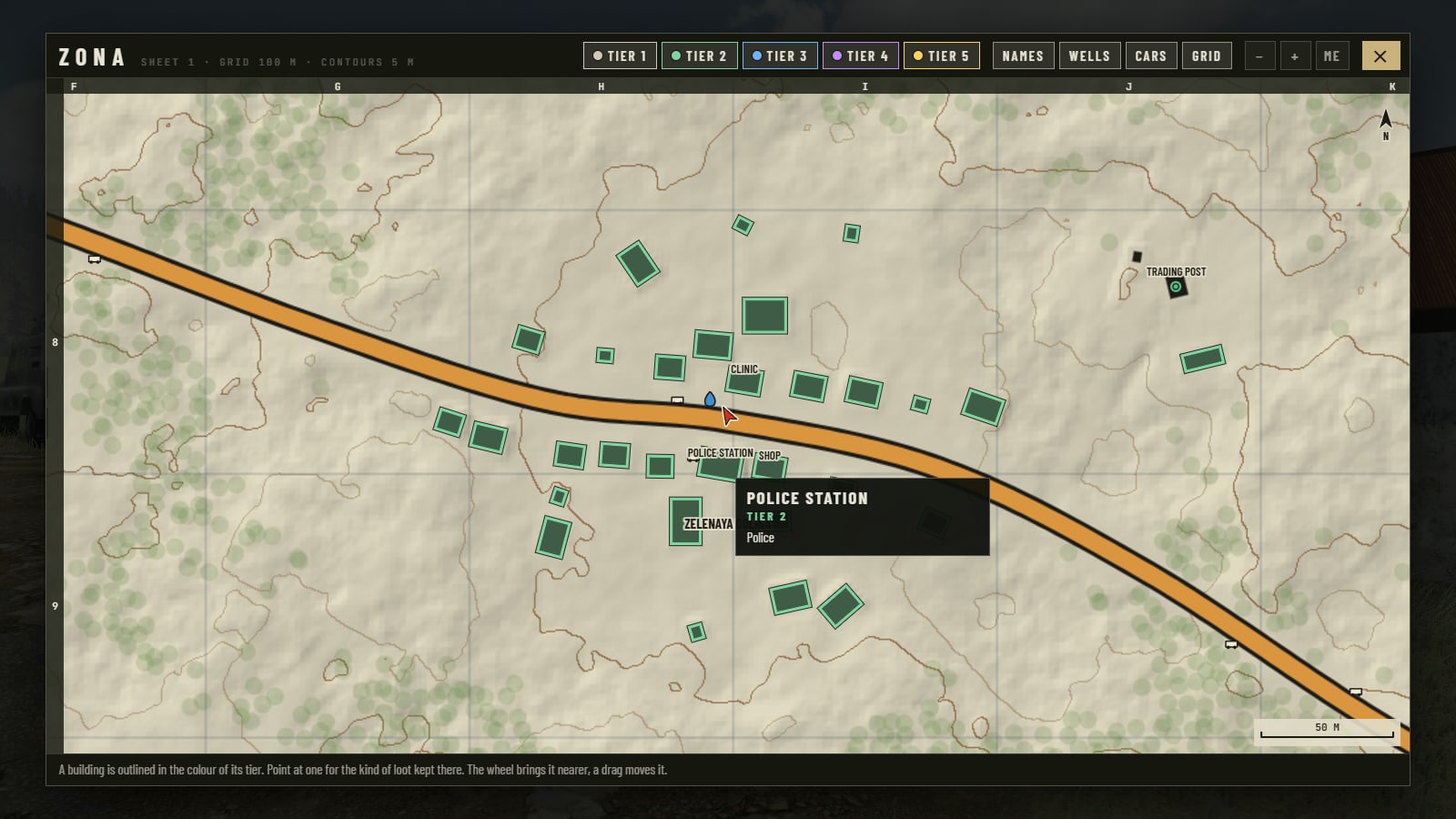 The map brought near over the village: buildings outlined in green, the clinic, the shop and the police station named, and a box over the police station that says Tier 2, Police