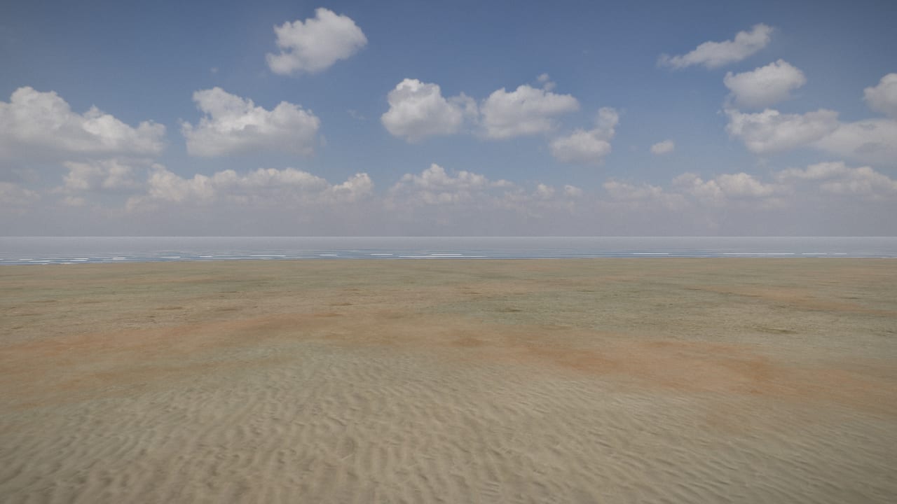 The beach at the map's west edge: flat sand down to the sea