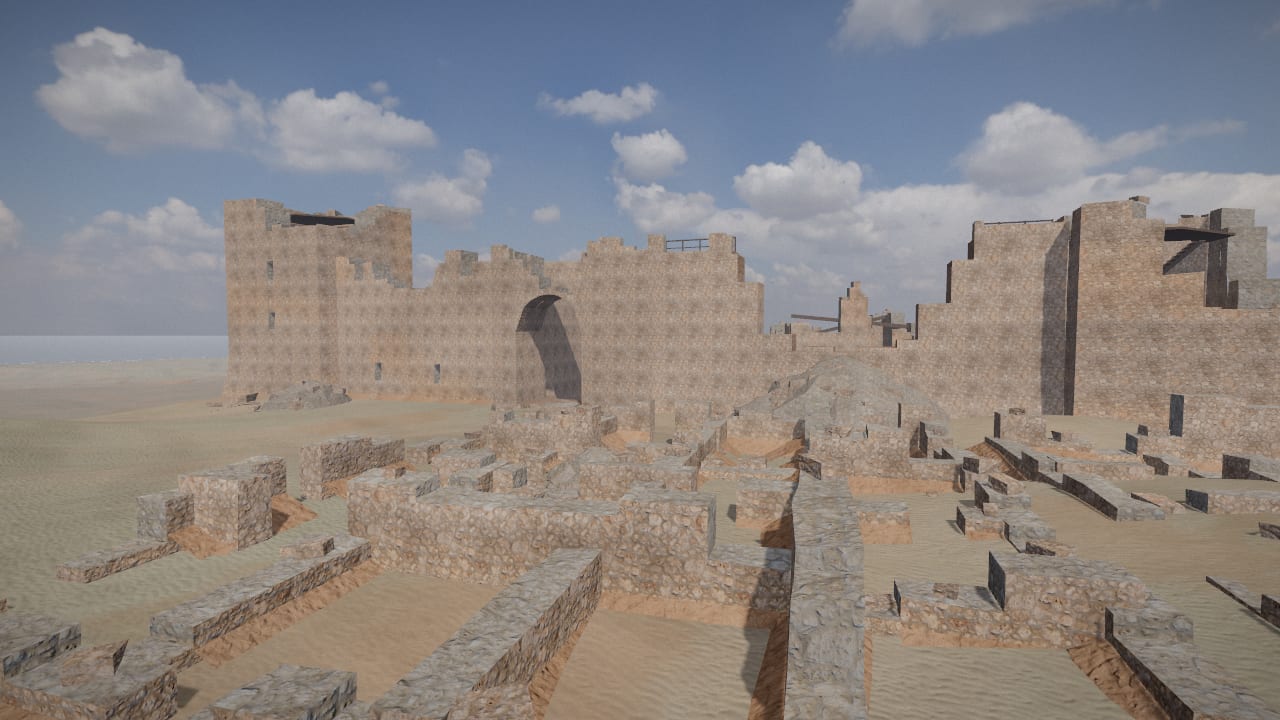 Inside the ruins of Kalat: a broken citadel of mud brick, walls of rooms down to their footings, the desert round it