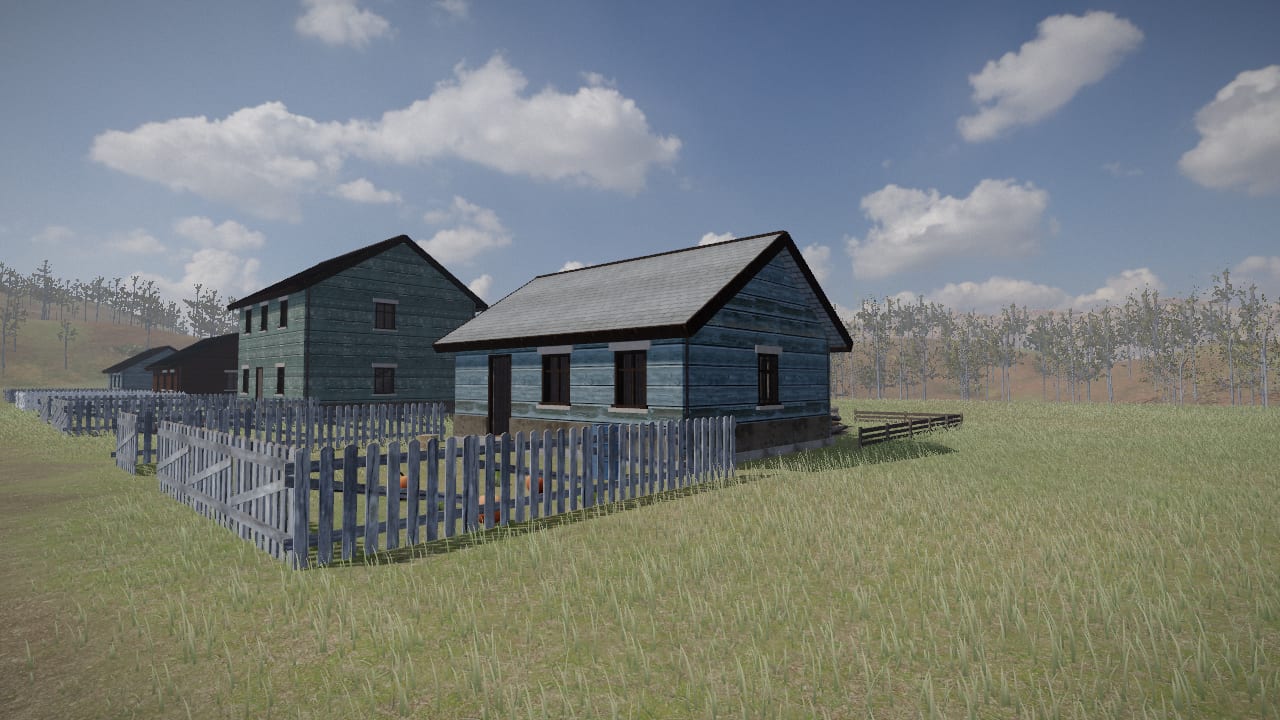 Two blue log houses at Lipki behind a picket fence, woods on the hill behind