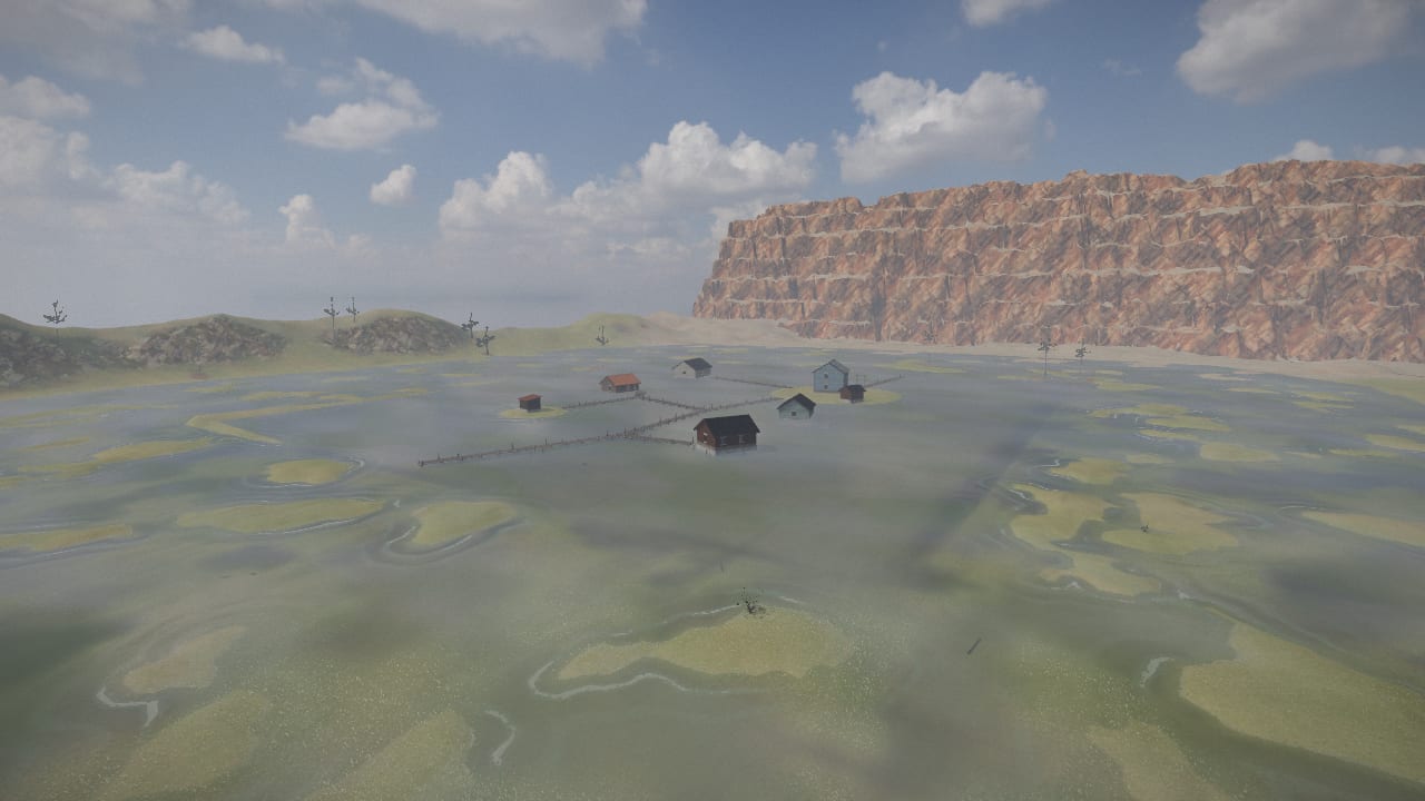 The swamp from 25 m up: shallow water over a drowned meadow, grassy islands, the houses of Mokroye standing in the water, the red ridge behind
