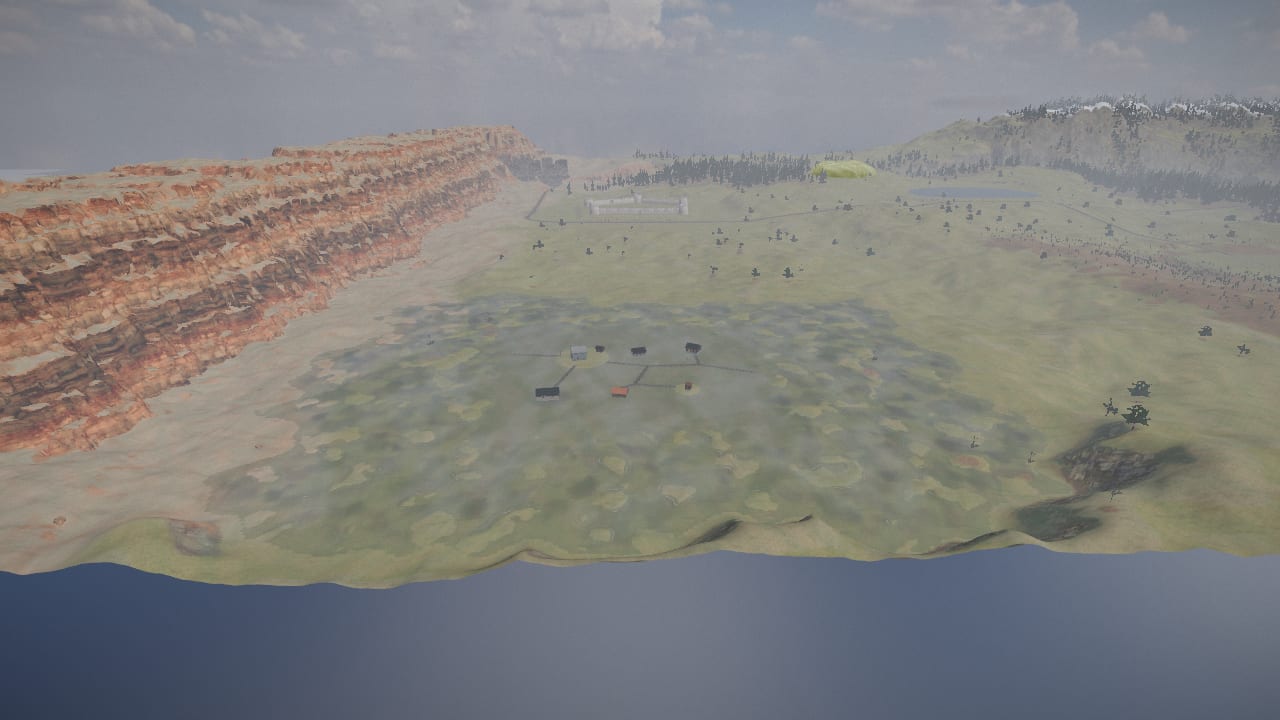 The swamp from 150 m up, its shore winding in lobes and bays into the meadow round it