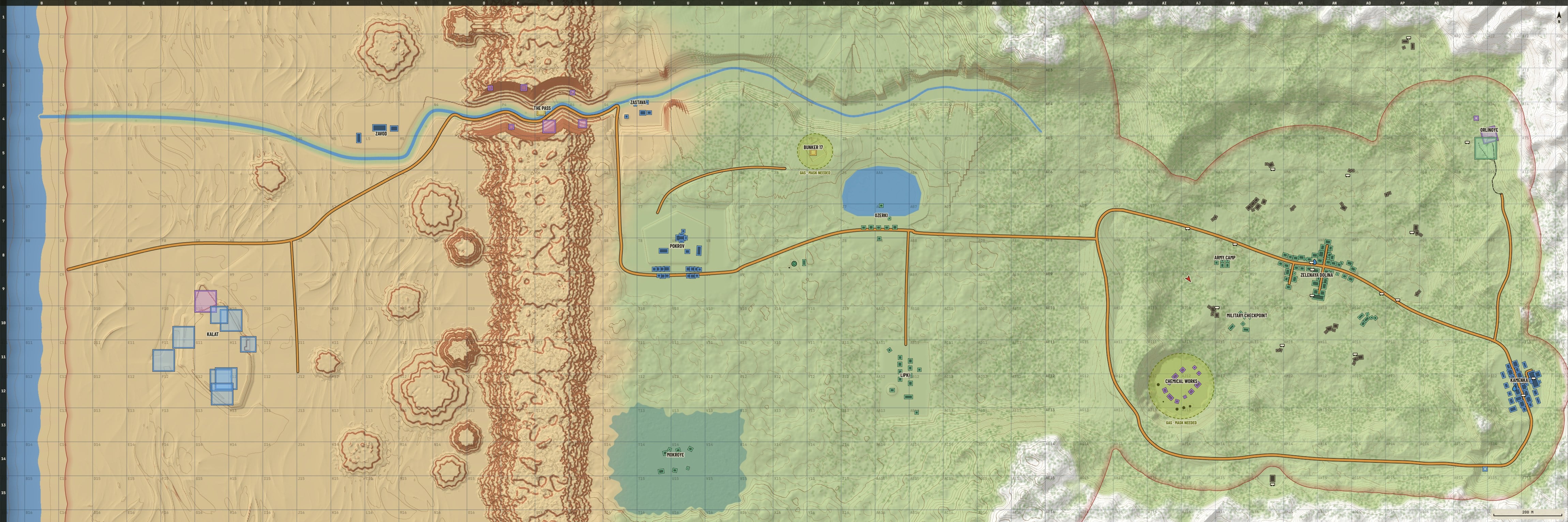 The whole map as the game's own map draws it: the sea and a beach on the left, a sand desert with buttes and the walled ruins of Kalat, a red ridge running top to bottom crossed by one pass, a green west with a river, a lake, a swamp and five towns, and on the right the old valley with Kamenka and the fort; a grid of hundred-metre squares lettered A to AT across and numbered 1 to 15 down