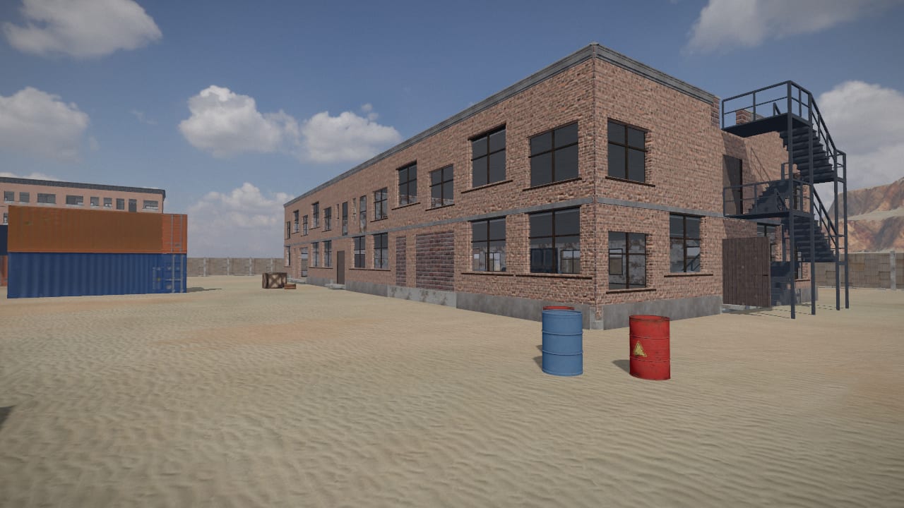 The brick works at Zavod in the desert: a two-storey brick hall with an iron stair outside, barrels in the yard