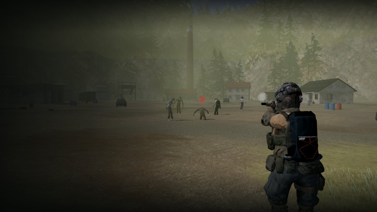 Over the shoulder of a masked survivor in the green gas at the Chemical Works, pistol up, an infected falling ahead of him, the works' chimney behind