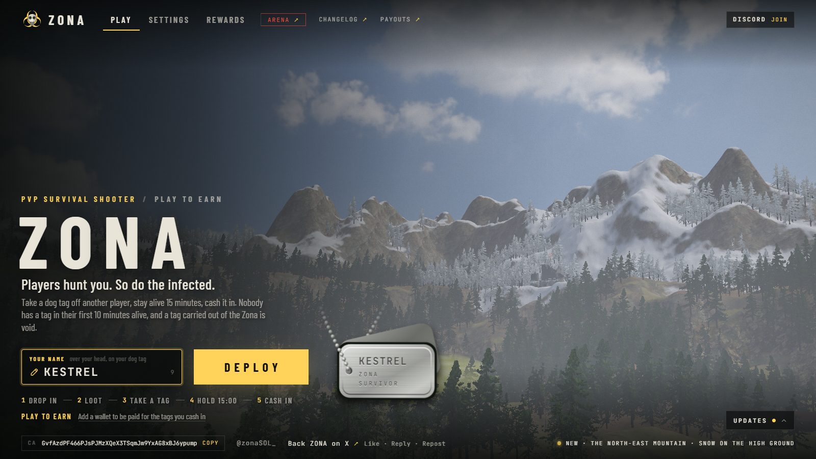 The main menu: a field labelled Your name, over your head, on your dog tag, with KESTREL typed in it and a pencil beside it; the yellow Deploy button; and beside it two steel dog tags on a ball chain, the front one stamped KESTREL, ZONA, SURVIVOR