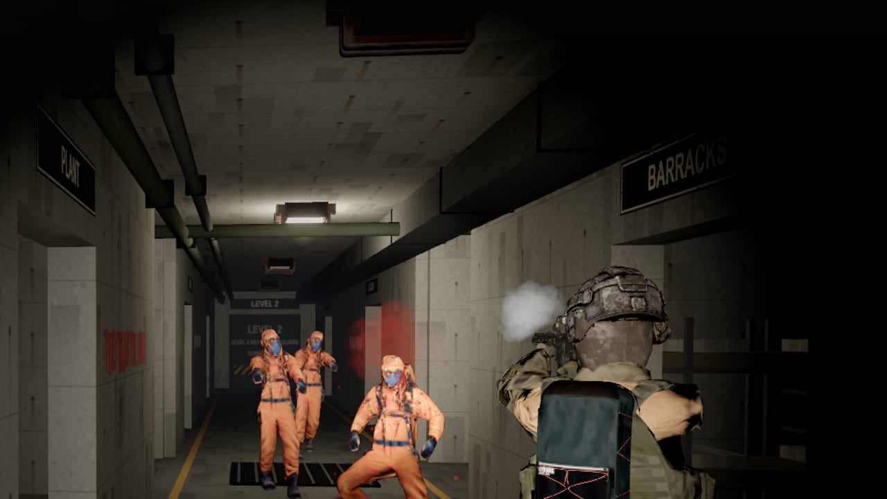 A scene from behind the main menu: a soldier with a pack firing down a concrete corridor of Bunker 17 at three of the infected in orange suits coming at him under a strip light