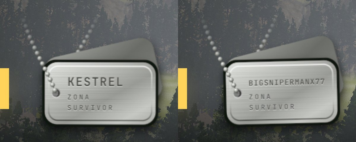 Close up of the dog tag: brushed steel with a black rubber rim, the ball chain running over its face into the hole, a second tag behind; a long name, BIGSNIPERMANX77, fitted between the hole and the rim