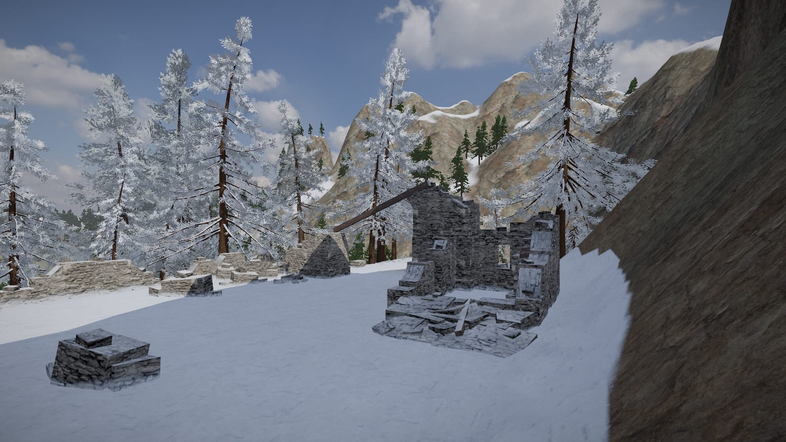 A yard under snow among snow-laden pines: the roofless stone shell of a gatehouse with a fallen beam across it, a heap of its own stone inside, low broken walls running off to the left, and bare rock peaks behind