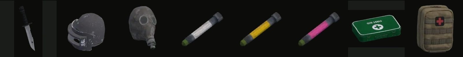 A row of inventory pictures: the Combat Knife, the K6-3 helmet with its visor down, the gas mask without its hose, the Health Stim with a white barrel, the Stamina Stim with a yellow one, the Combat Stim with a pink one, the First Aid Kit, and the First Aid Pouch