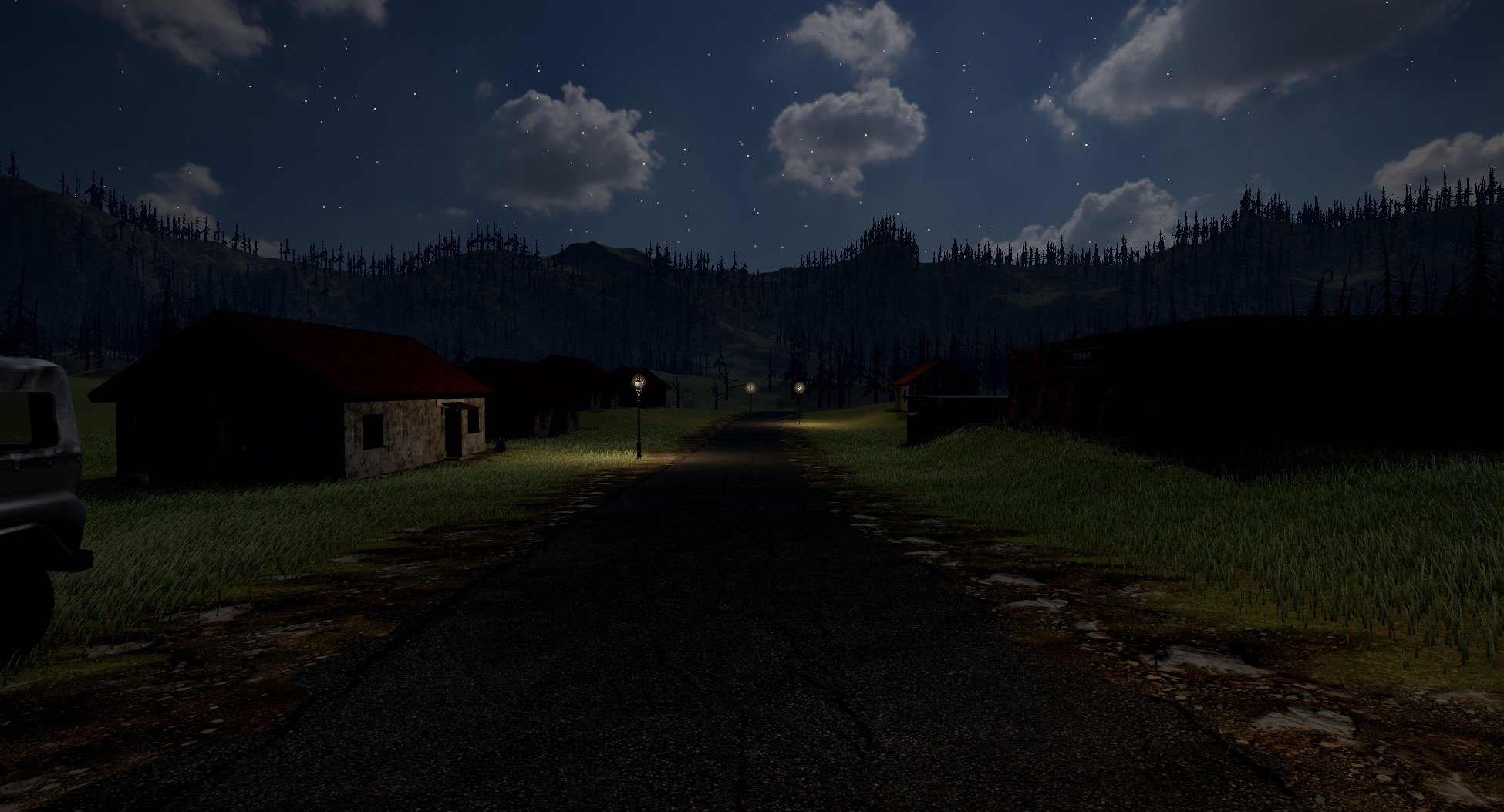 The village street at night under its lamps