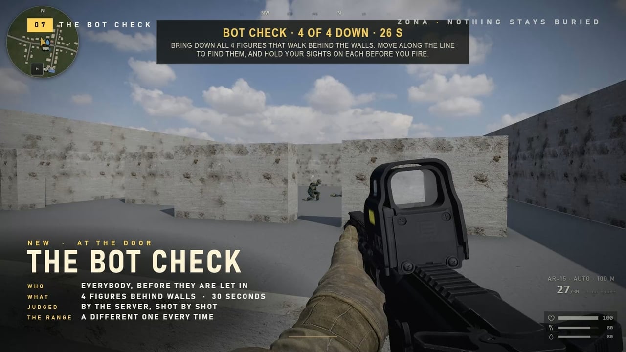 A rifle with a red dot sight held up in a yard of concrete walls, a figure walking between two of them, and a board: the bot check. Who: everybody, before they are let in. What: 4 figures behind walls, 30 seconds. Judged: by the server, shot by shot. The range: a different one every time