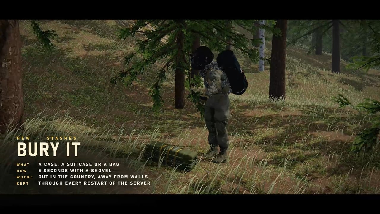 A man with a pack standing over a green case on the ground among pines, and a board: Bury it. What: a case, a suitcase or a bag. How: 5 seconds with a shovel. Where: out in the country, away from walls. Kept: through every restart of the server