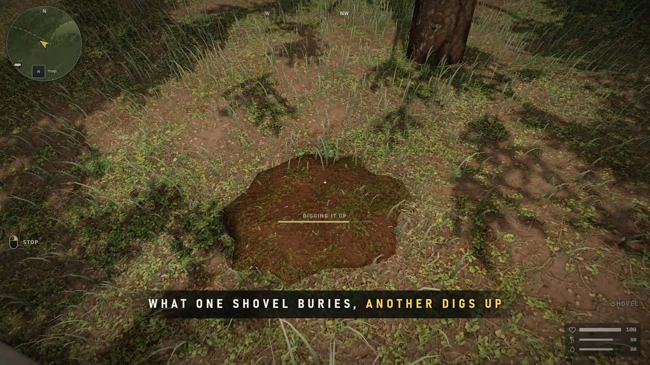 Looking down at a patch of turned earth in the grass with a bar filling over it, and the words: what one shovel buries, another digs up