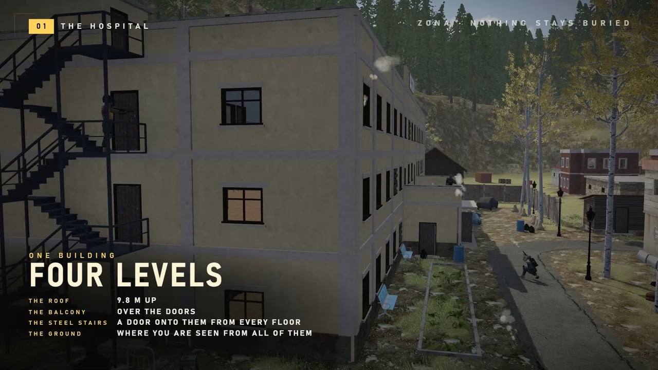 The end of the hospital from the air: steel stairs up its end wall with a door at each floor, the yard and the street below, and a board: one building, four levels. The roof, 9.8 m up. The balcony, over the doors. The steel stairs, a door onto them from every floor. The ground, where you are seen from all of them