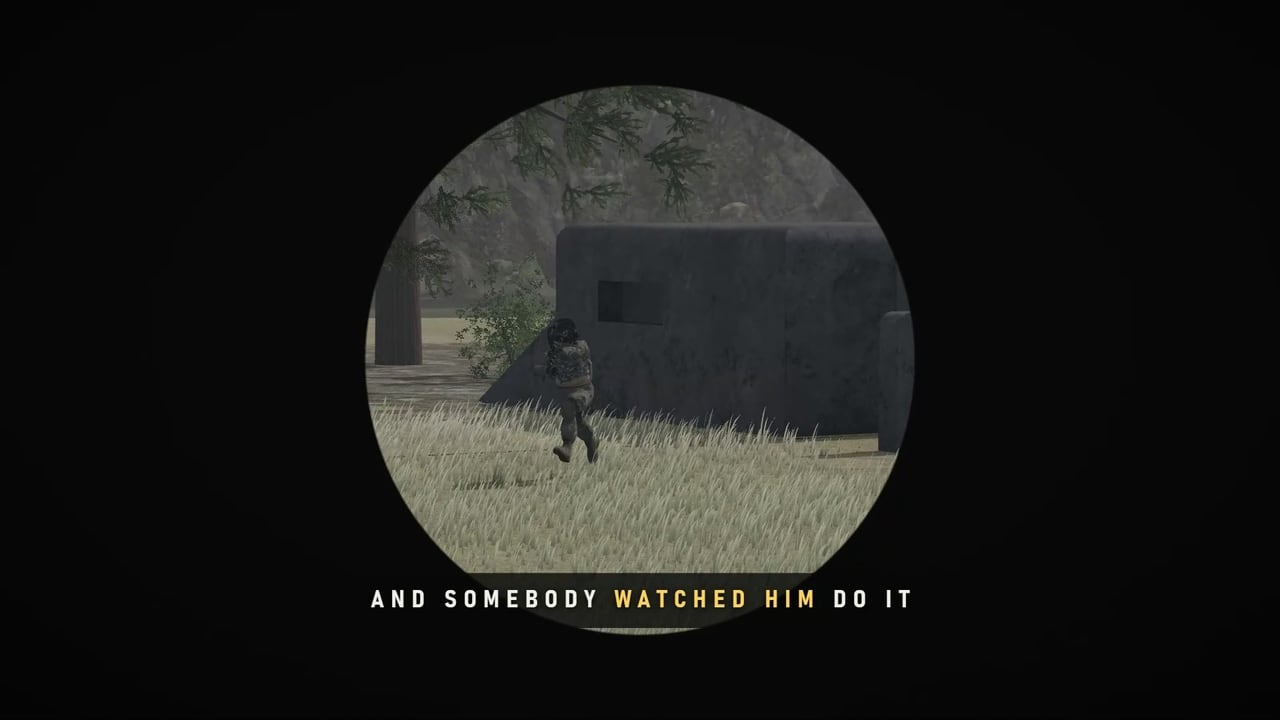 Seen through a round glass from a long way off: a man with a pack coming out of the concrete door of a bunker in long grass, and the words: and somebody watched him do it