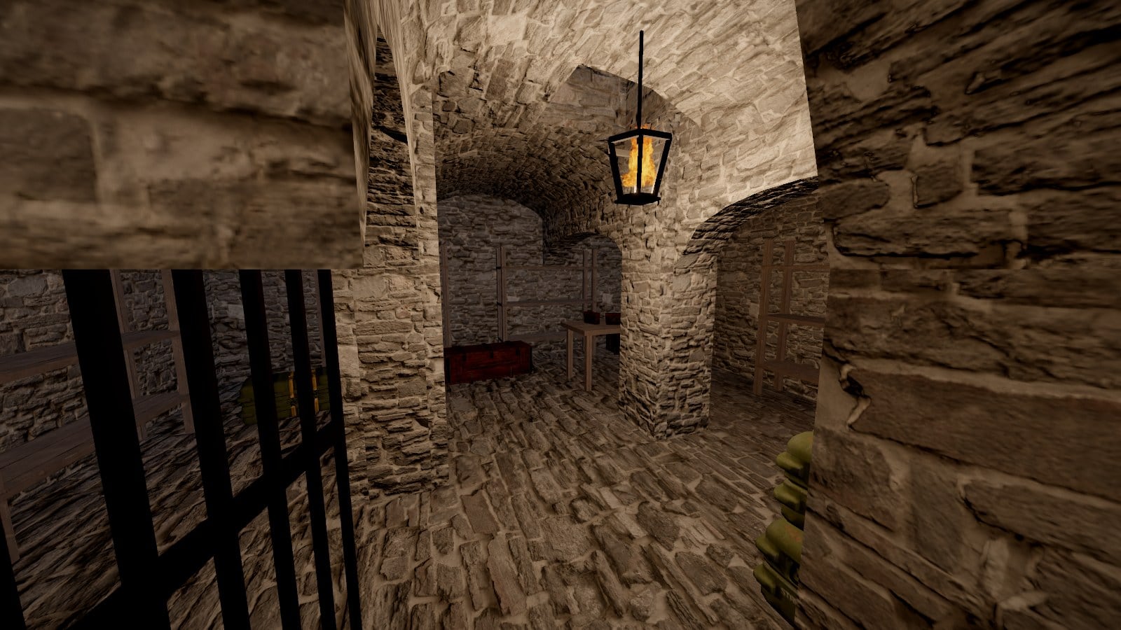 Seen past an iron grille standing ajar: a vaulted strongroom lit by one hanging lantern, racks along its walls, a table, and red and green cases on the stone floor