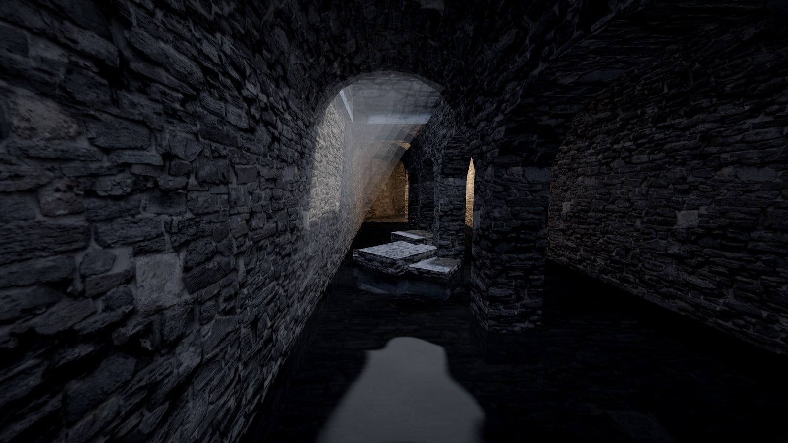 Under the fort: a dark vault of rough stone with black water over its floor, daylight falling through a hole in its roof onto fallen slabs, and a lamp-lit doorway beyond