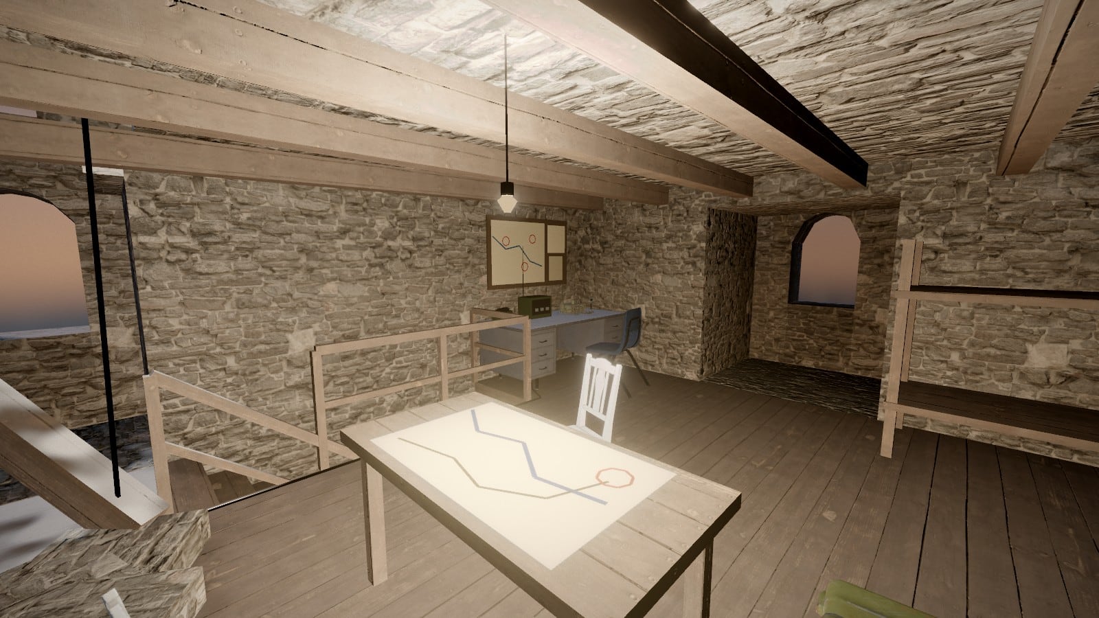 A lamp-lit upper room of stone and timber: a table with a map spread on it and a white chair, a signals desk with a radio set against the far wall and a board of maps over it, a bunk on the right, arched windows with dusk outside