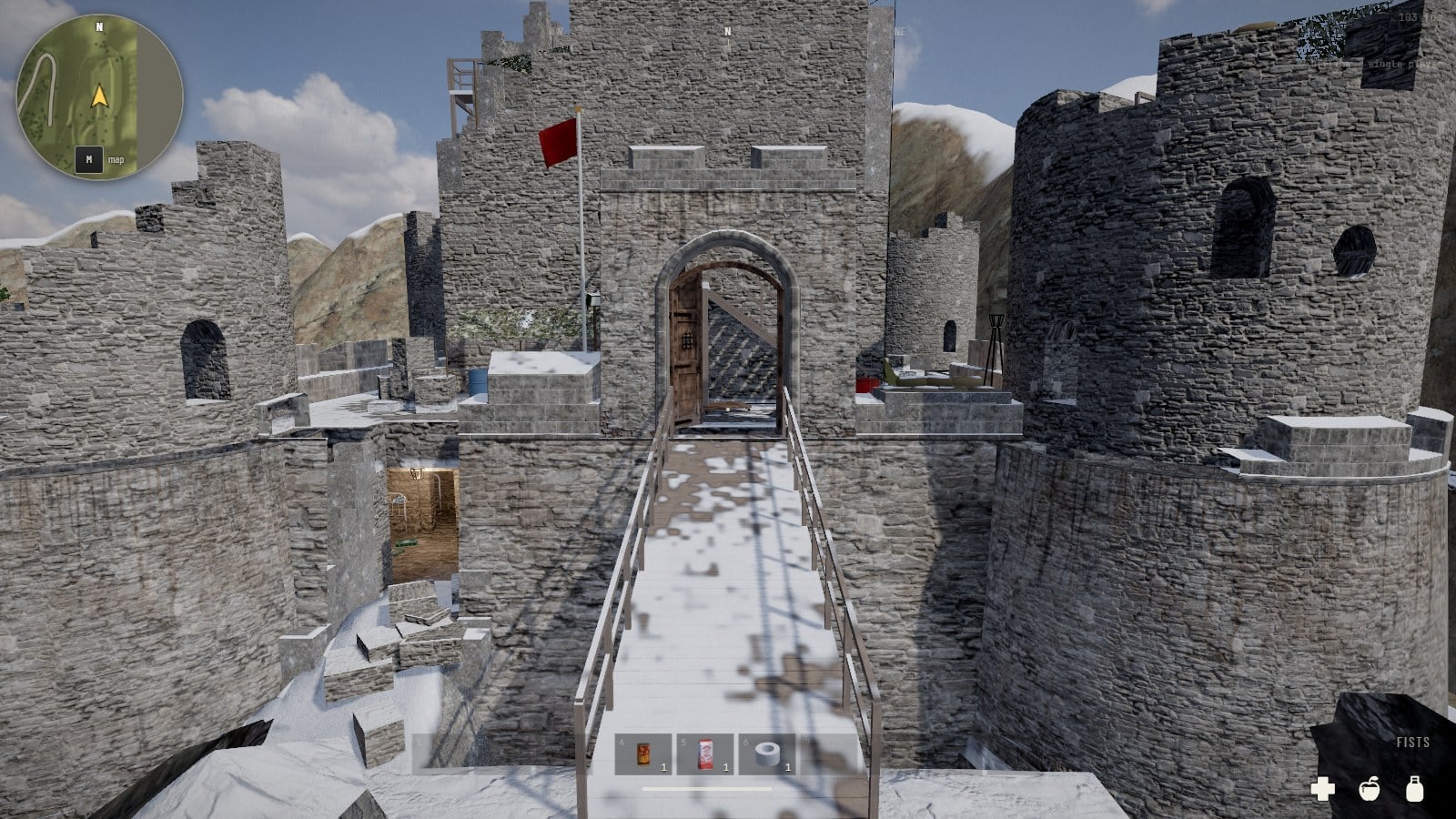 Standing on the timber ramp before the gate: boards with a handrail each side lead to an arched gateway with a wooden door standing open, the square keep behind it with a red flag on a pole, a round tower on each side with holes knocked through its wall, a barrel and crates inside the gate, snow on every ledge