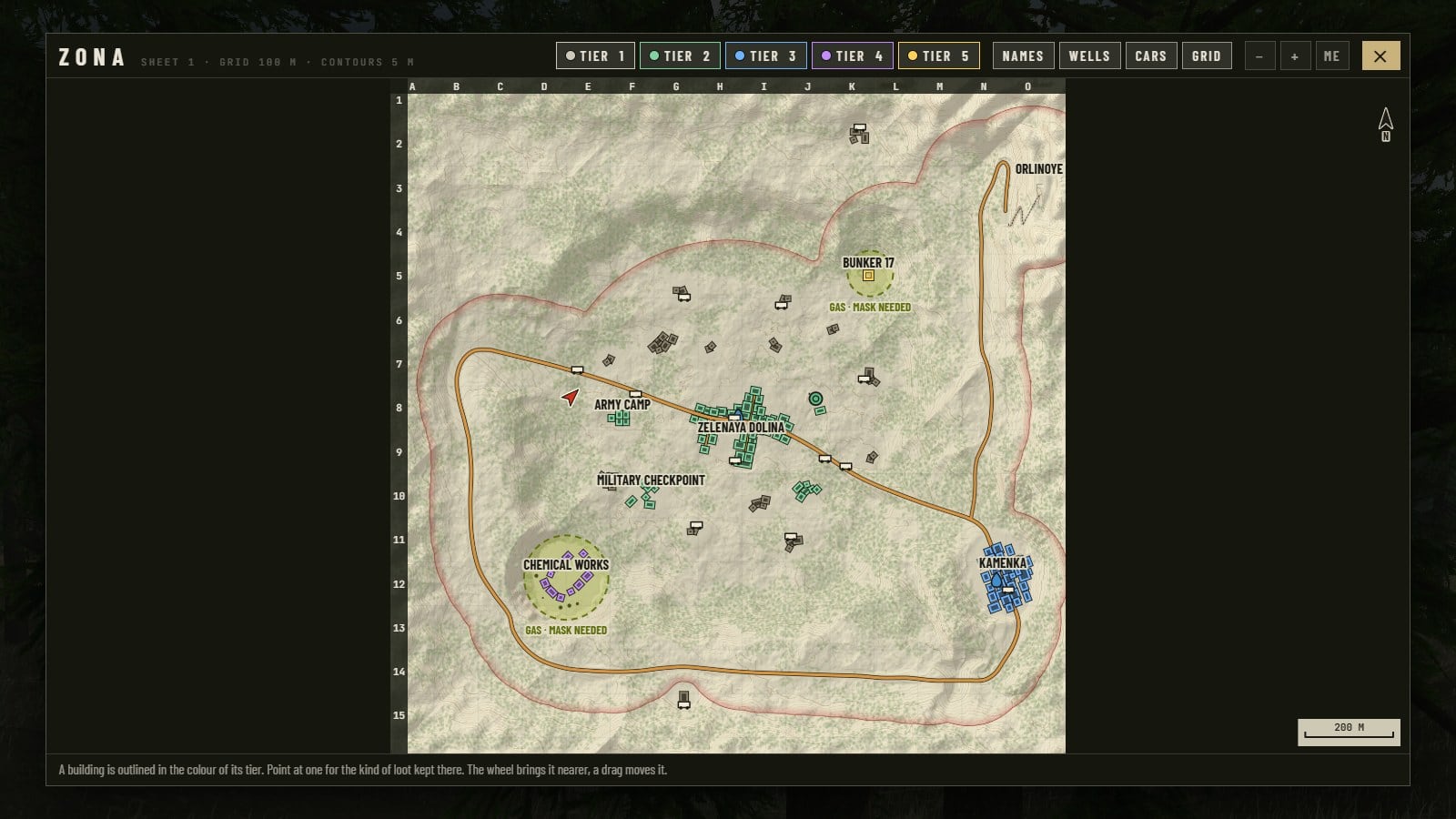 The map sheet opened: one road in a ring round the whole valley, through Zelenaya Dolina and Kamenka and behind the Chemical Works; a second road running north from Kamenka to the name Orlinoye in the top right corner, with a foot path drawn on from its end; and the edge of the Zona as one red line outside all of it. Buttons for the five tiers along the top