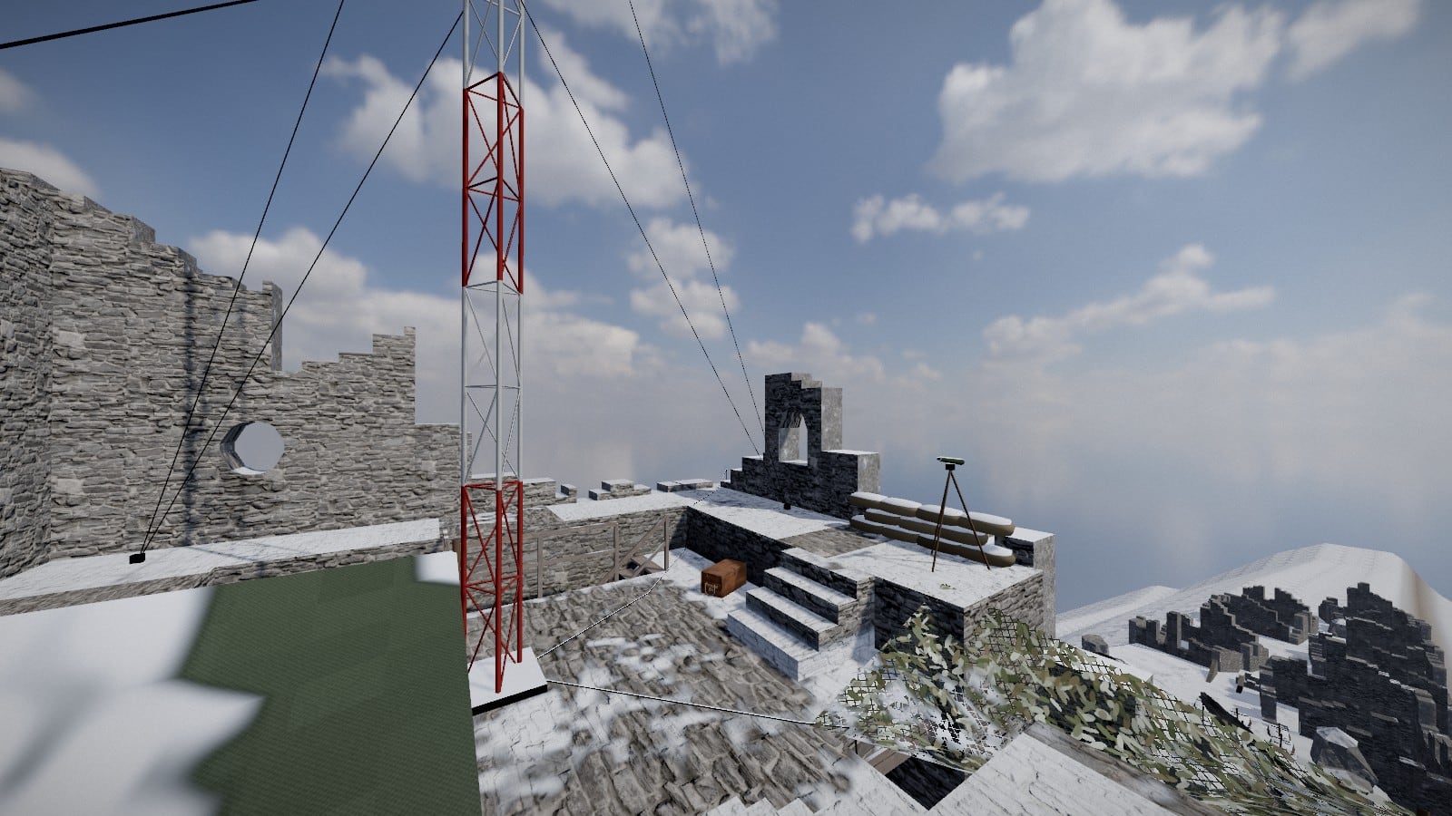 The roof of the keep: a red and white lattice mast held by guy wires, sandbags and a spotting scope on its stand along the wall top, steps up to it, an ammunition crate, snow on the stone and a green tarpaulin in the corner
