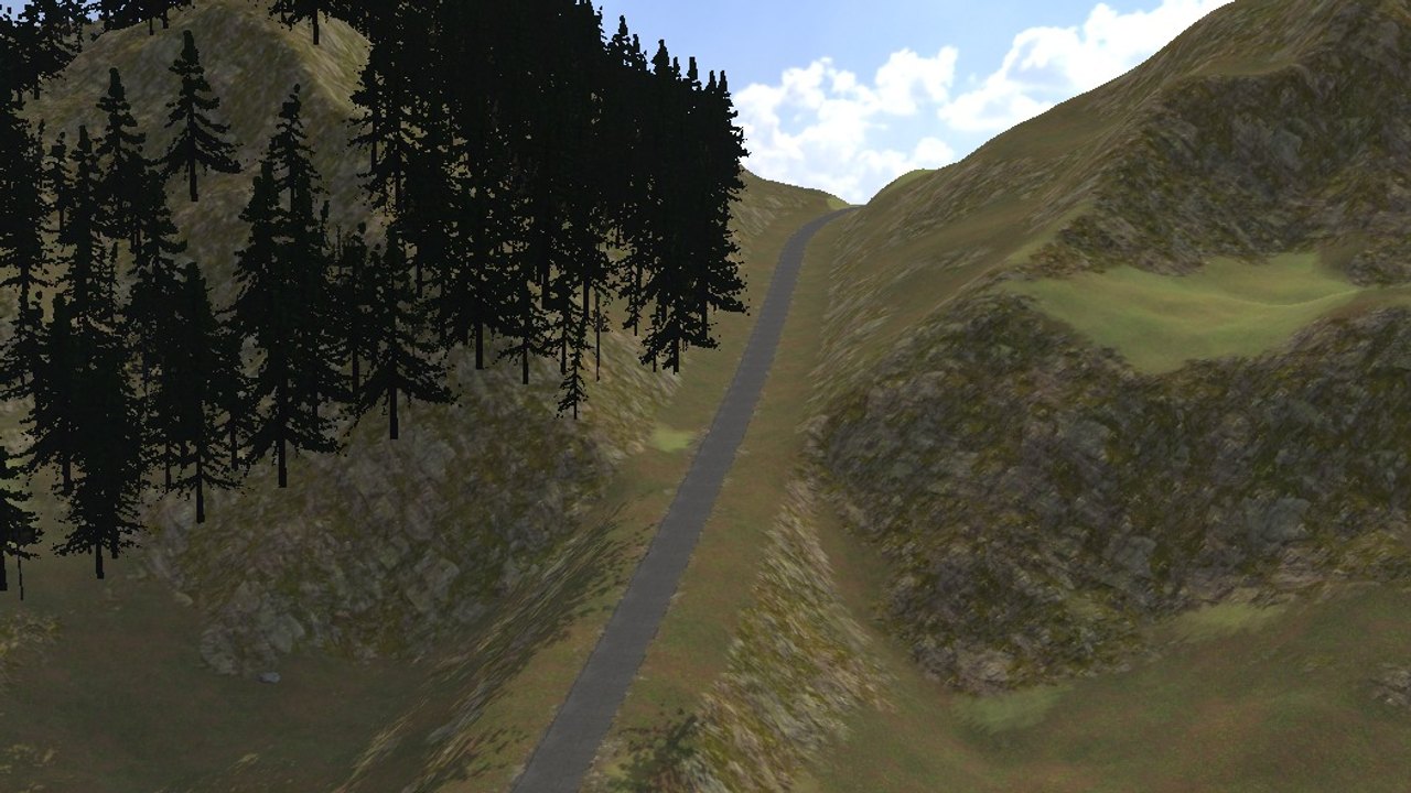 The road climbing through a cutting between two wooded hills