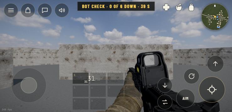 The bot check on a phone held sideways: the stick at the bottom left, fire, aim, jump, reload and swap on the right, and over the course one small line, Bot check, 0 of 6 down, 39 s