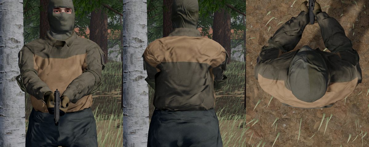 A survivor holding a pistol low at the belt with both hands, seen from the front, from behind and from above: the elbows down and a little out, the arms clear of the chest