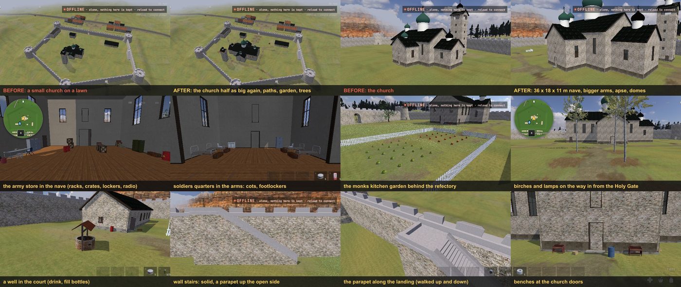 Pokrov before and after: its church half as big again, its court dressed with paths, a garden and trees