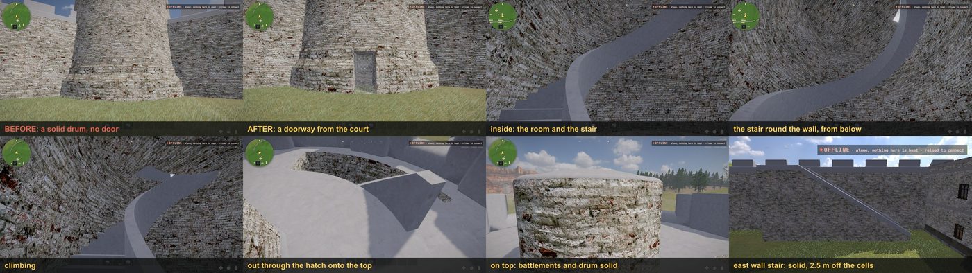 Pokrov's corner tower before and after: a doorway from the court, a stair round the inside, a hatch out onto the battlements