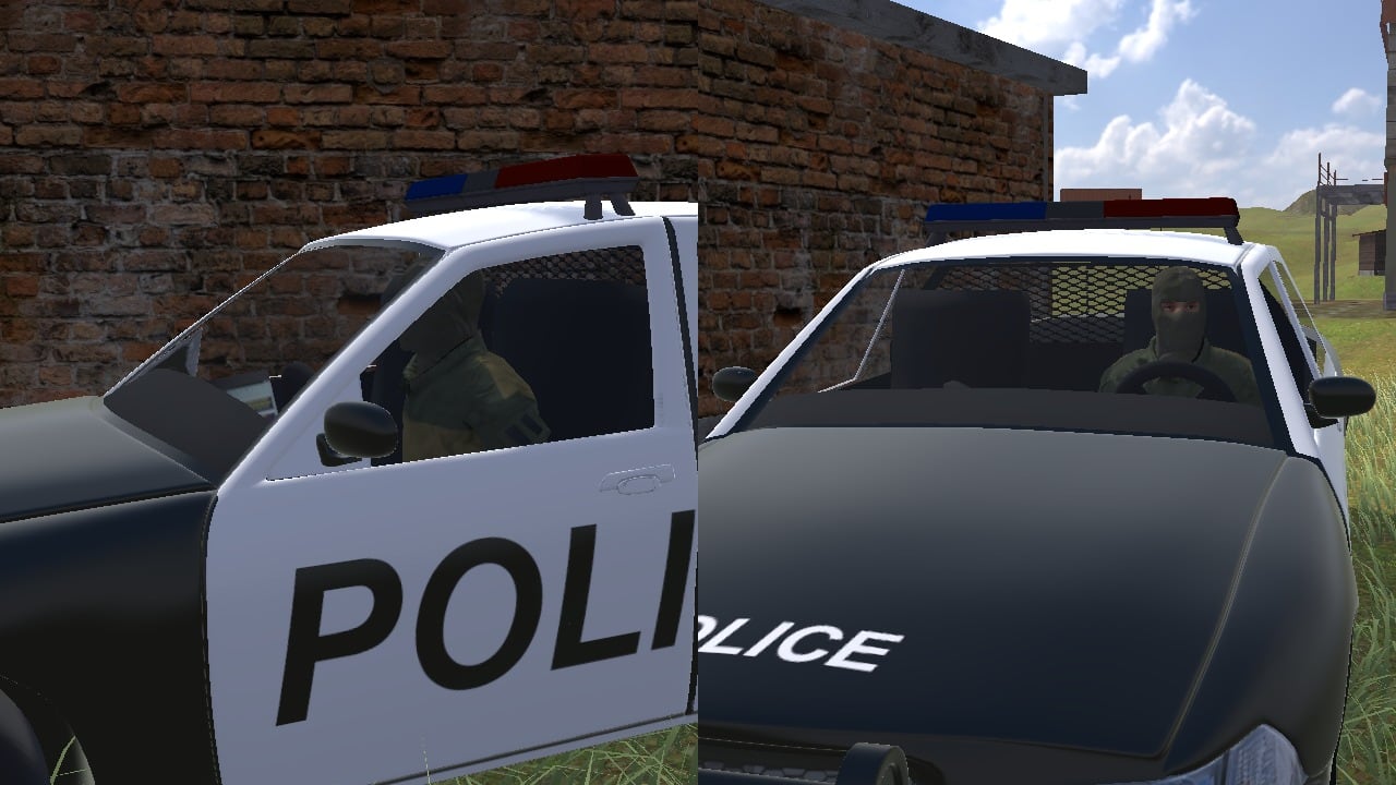 The police car's driver at the wheel, seen through the door's window and through the windscreen