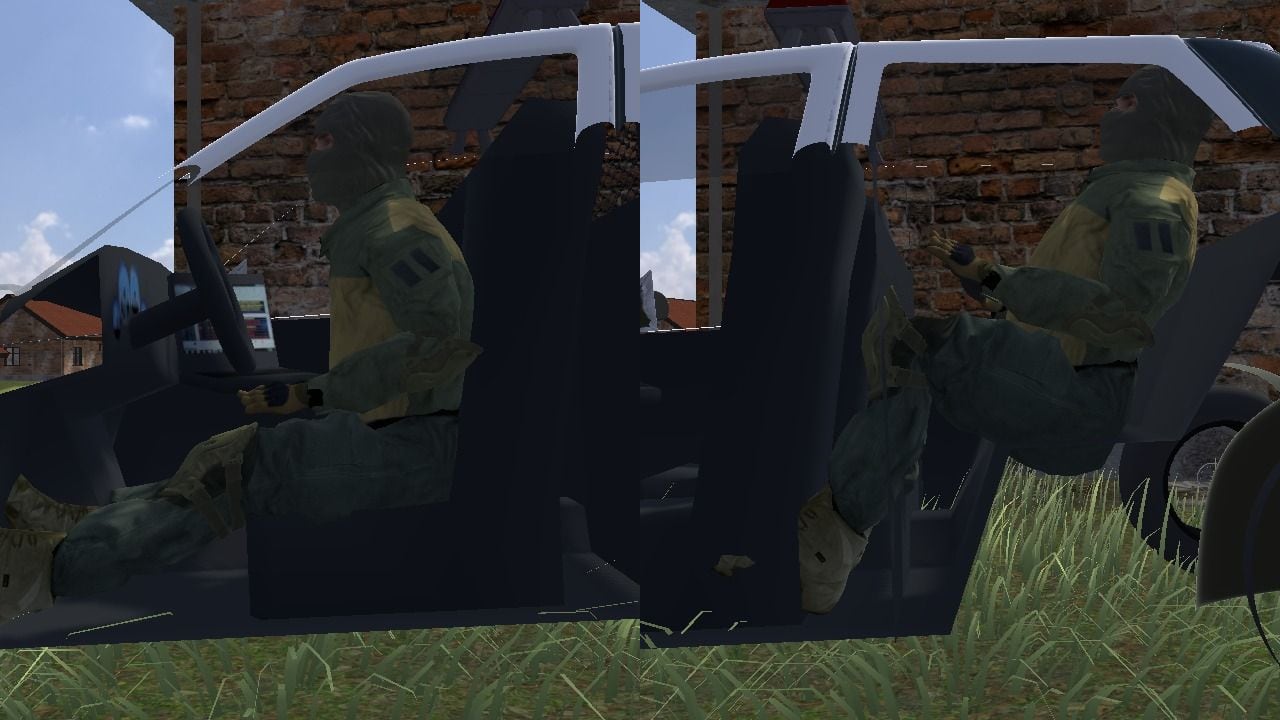 The police car with its near side cut away, twice: the driver sat in the front seat with their back against it and their legs out to the pedals, and a passenger in the back seat, knees up, head under the roof