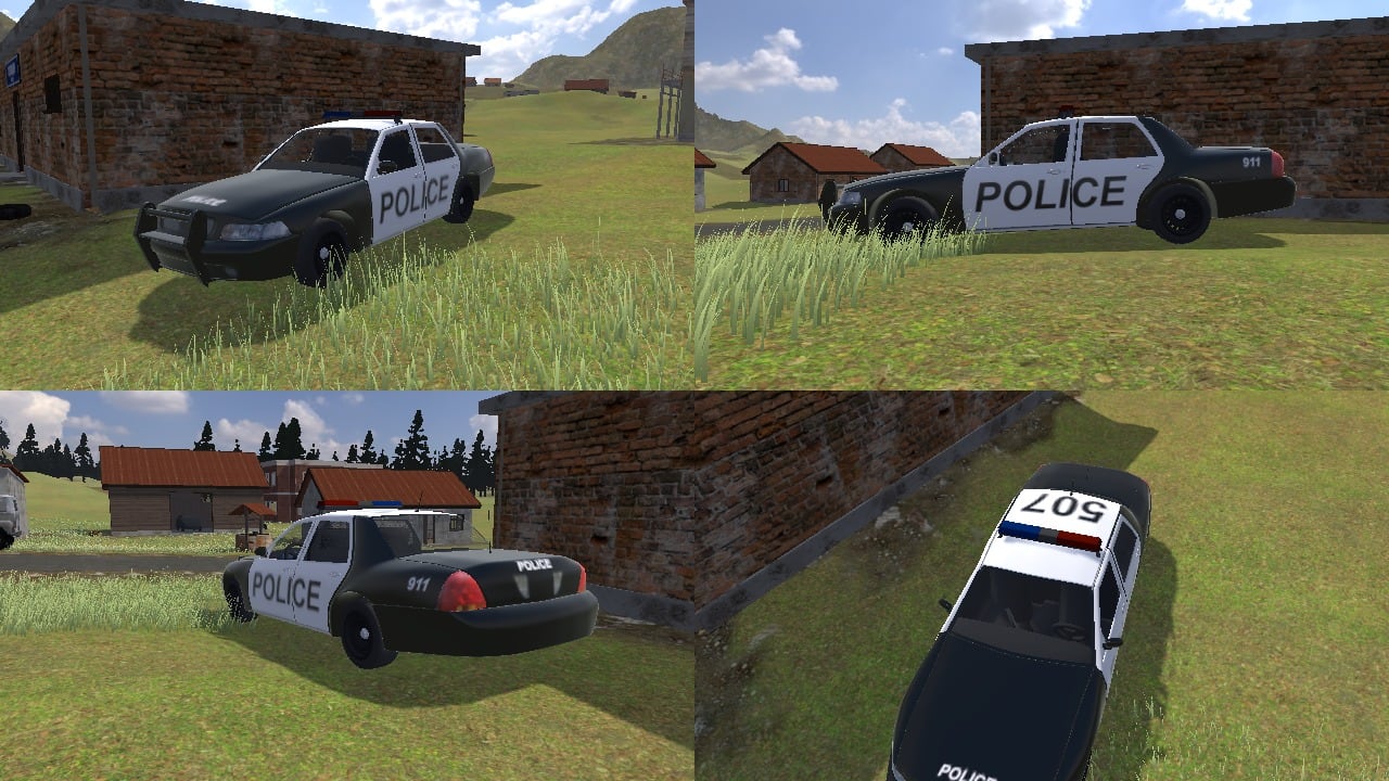 A black and white police car beside the brick police station, from four sides: white doors with POLICE on them in black, a white roof with 507 on it, a red and blue light bar